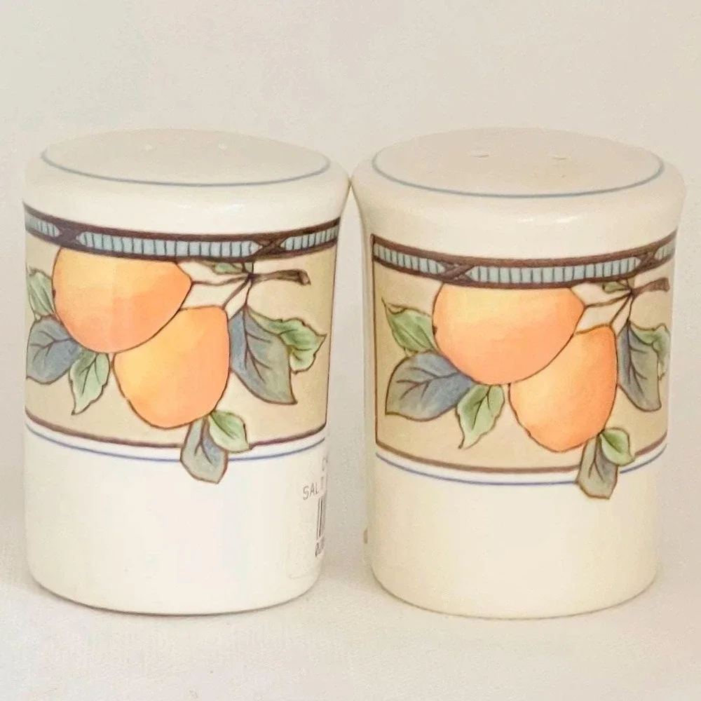 Mikasa Garden Harvest Intaglio Salt & Pepper Shakers NWT CAC29 Fruit Pattern